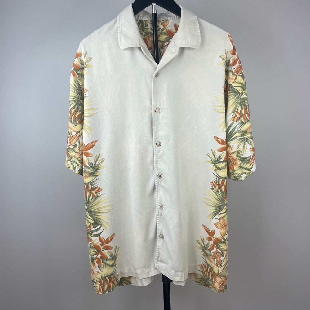 Tommy Bahama Mens XL Silk Camp Shirt Cream Tropical Floral Border Print Hibiscus